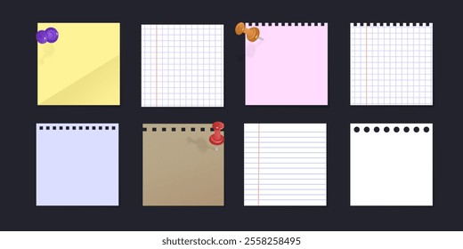 Paper set. Note pages, torn sheets of paper, drawing Blank staples, binder clip and other. Vector Format illustration