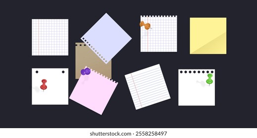 Paper set. Note pages, torn sheets of paper, drawing Blank staples, binder clip and other. Vector Format illustration