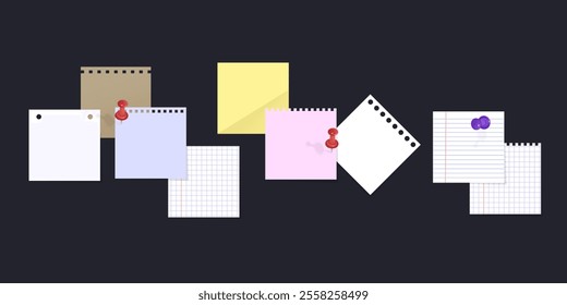 Paper set. Note pages, torn sheets of paper, drawing Blank staples, binder clip and other. Vector Format illustration