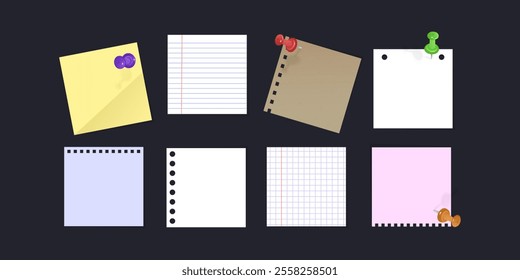 Paper set. Note pages, torn sheets of paper, drawing Blank staples, binder clip and other. Vector Format illustration