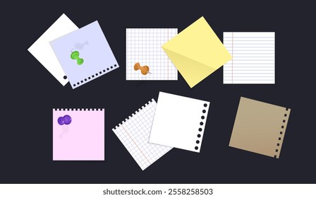 Paper set. Note pages, torn sheets of paper, drawing Blank staples, binder clip and other. Vector Format illustration