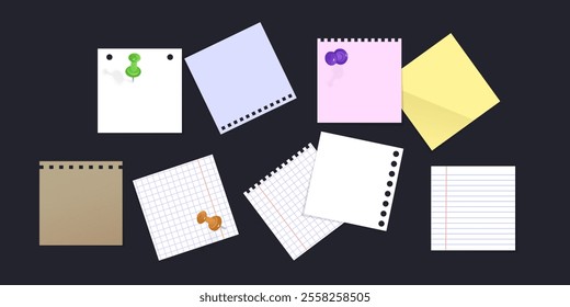 Paper set. Note pages, torn sheets of paper, drawing Blank staples, binder clip and other. Vector Format illustration