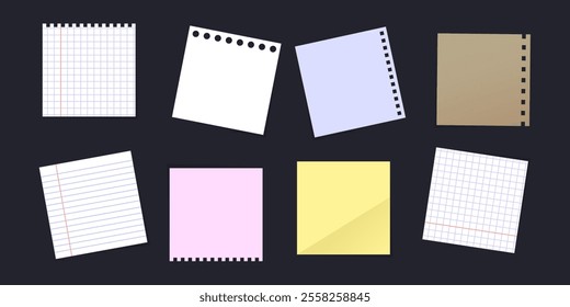 Paper set. Note pages, torn sheets of paper, drawing Blank staples, binder clip and other. Vector Format illustration