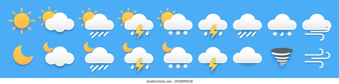 Paper set of weather icons. Yellow sun and moon, white clouds, with shadows, for forecast design, day and night signs