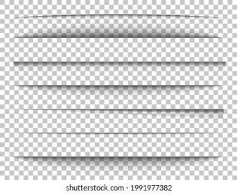 Ensemble d'ombres de papier. Effet de diviseur sur fond transparent. Page de cadre. Bordure du site Web. Bordure vide. Ombre de boîte. Forme d'étiquette. Bande d'ombre. Effet de lumière réaliste. Illustration vectorielle.