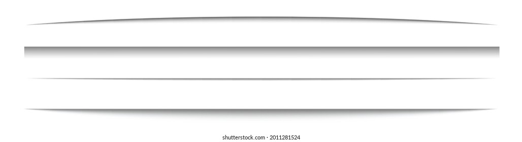 Paper shadows set on long banner. Divider effect on white background. Frame page. Website edge. Border blank. Box shadow. Label shape. Shade tape. Realistic light effect. Vector illustration.