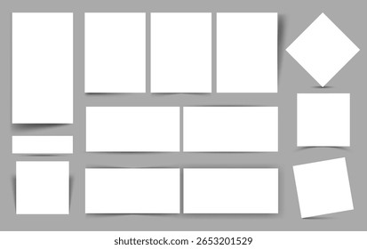 Paper shadows. Square shadow box frame template. Rectangle page border transparent shade. Realistic isolated empty poster and banner with corner gradient overlay. Vector set.