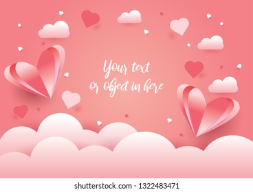 Paper shape of heart flying on pink background. Vector symbols of love for Happy Women's, Valentine's Day