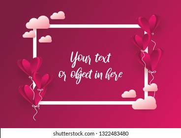 Paper shape of heart flying on red background with frame and clouds. Vector illustration