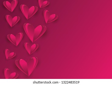 Paper shape of heart flying on red background. Vector symbols of love for Happy Women's, Mother's, Valentine's Day