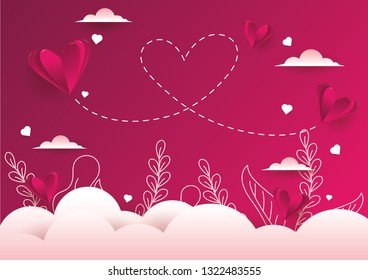 Paper shape of heart flying on red background with plant design. Vector illustration