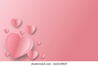 Paper  in shape of heart flying on pink background. Vector symbols of love for Happy Women's, Mother's, Valentine's Day, birthday greeting card design.