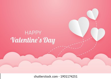 Paper in shape of heart flying on pink with clound background. valentine's day for wallpaper. love for Happy Mother's, greeting card design. vector illustration in flat style modern.