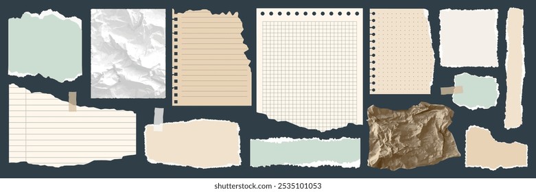 Formas de papel com bordas irregulares irregulares. Papel rasgado e amassado, pedaços de páginas de notebooks. Peças de papel rasgadas ajustadas. Fragmentos rasgados para rótulo de mensagem, banner, colagem, caixa de texto, adesivo, cartaz