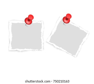 Paper shapes scraps. Red push office pin vector realistic office attach button. Push pin Thumbtack Top view. 3d push pin