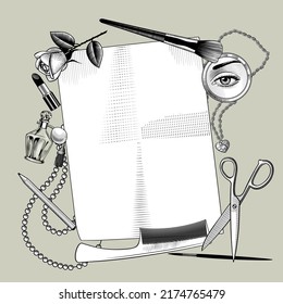 Paper sheet banner with a frame of set of cosmetic tools. Vintage engraving stylized drawing. Vector illustration