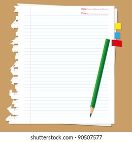 Paper sheet with bookmark and pencil.