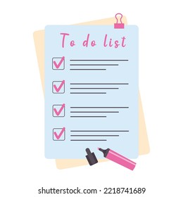 Paper sheet with checkmarks to do list and colored marker. Planning, office, business, organization of work concept. Template for agenda, schedule, planners, checklists, notebooks, cards.