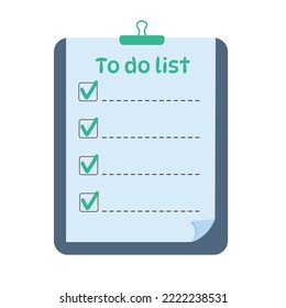 Paper sheet with a clip and checkmarks to do list. Planning, office, business, organization of work concept. Template for agenda, schedule, planners, checklists, notebooks, cards and other stationery.