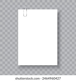 Paper sheet clip. Transparent background. Vector illustration. Isolated object.