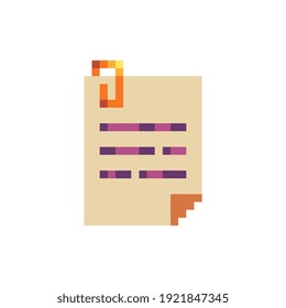 Paper sheet with a clip. Web site icon. Pixel art. Video game 8-bit sprite. Isolated vector illustration. Symbol, logo, sticker design.
