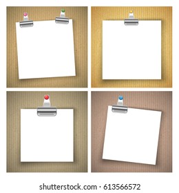 Paper sheet with colored push pin and binder clip on cardboard texture background. Vector illustration.