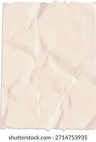 Paper sheet with creases, torn edge, and wrinkled surface, isolated with soft shadow. Concept of rough draft, authenticity, nostalgia, and handmade feel. Cartoon vector illustration.