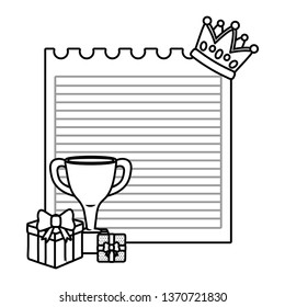 paper sheet with crown trophy and gift boxes black and white