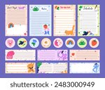 Paper sheet designs set. Notebook and diary blank pages for notes, schedule, to-do lists, funny round stickers. Vertical and horizontal templates with comic cute decorations. Flat vector illustrations