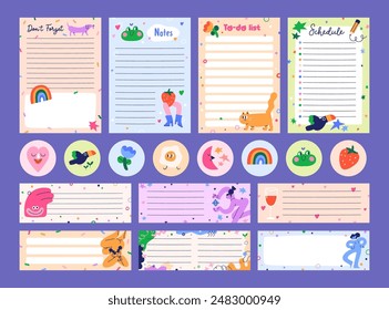 Paper sheet designs set. Notebook and diary blank pages for notes, schedule, to-do lists, funny round stickers. Vertical and horizontal templates with comic cute decorations. Flat vector illustrations