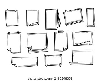 Paper sheet doodle style line art set vector