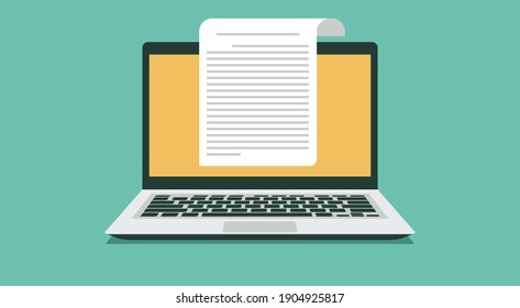 paper sheet, electronic text file or e-book, writer, copywriter writing letter or journal via laptop computer, flat vector illustration