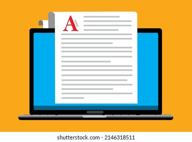paper sheet and electronic text file writer, copywriter writing letter or journal via laptop computer, flat vector illustration