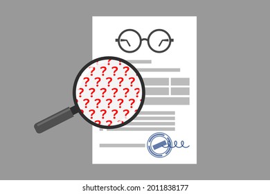 Paper sheet with eyeglasses icon, text and stamp of optometrist, and magnifier with question marks. Understanding of data in glasses prescription. Concept of optical correction and visual health