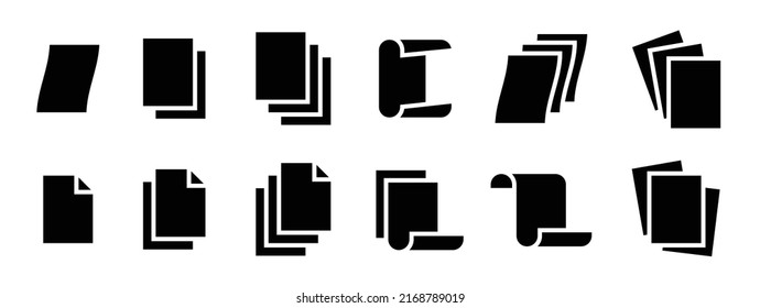 Paper sheet files icon set. Collection of stack page document solid style symbol illustration.