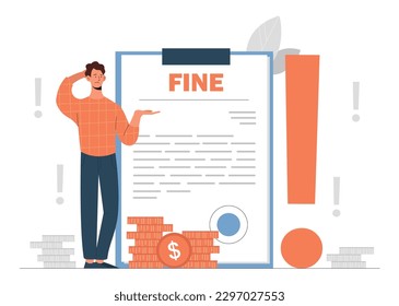 Paper sheet with fine. Upset man stands with document and gold coins, pays for offense and law. Penalty of money, debt or financial punishment from government. Cartoon flat vector illustration