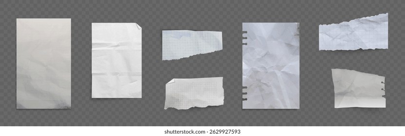 Coleção de folhas de papel dobrável - várias formas rasgadas branco, xadrez e notas sujas, páginas texturizadas amassadas com vincos rugas e lágrimas cortam bordas. Conjunto de ilustrações 3d realistas e dispersas.