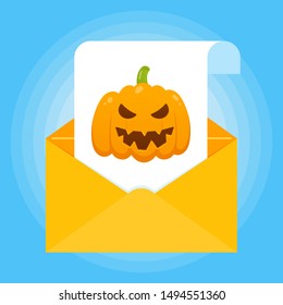 Paper sheet with halloween pumpkin with scary face on it and envelope icon sign flat style design isolated on light blue background vector illustration