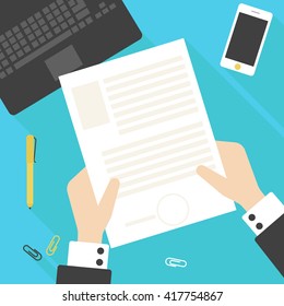 Paper sheet, hands, magnifier, paperwork, consultant, business adviser financial audit, auditing tax process, vector illustration