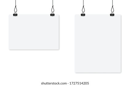 Paper sheet hanging on clip on the white background. Blank white poster template. Advertising banner. Vector illustration.