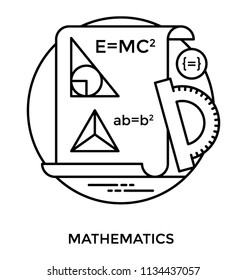 A paper sheet having algebra equation and protractor, mathematics line icon