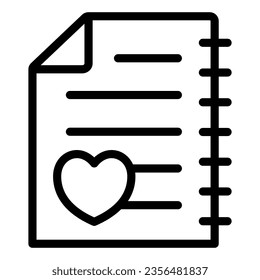 Hoja de papel con corazón, icono de línea de página de bloc de notas, concepto de citas, signo de vector de carta de amor sobre fondo blanco, icono de estilo de contorno para concepto móvil y diseño web. Gráficos vectoriales