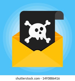 Paper sheet with human skull on it and envelope icon sign flat style design isolated on light blue background vector illustration