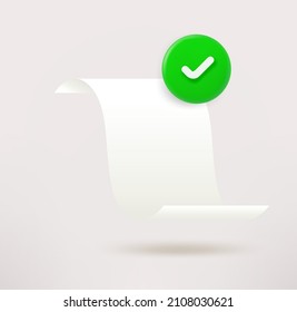 Paper sheet icon with checkmark. 3d vector icon