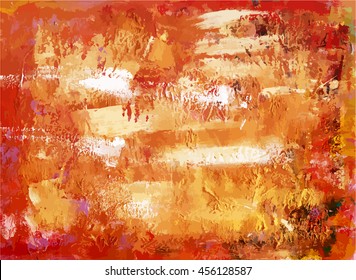 A paper sheet with many brush strokes; a canvas with golden, red and white paint marks; a mixed media abstract painting; a frame with copyspace for design; scalable vector texture