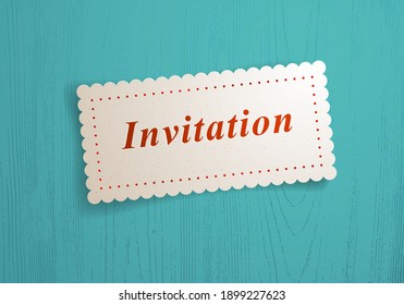Paper sheet memo invitation word on it over wooden background vector realistic illustration, design element for message mockup.