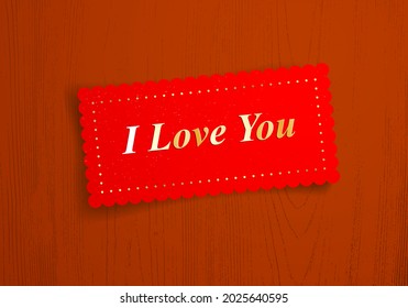 Paper sheet memo with I love you words on it over wooden background vector realistic illustration, design element for message mockup.
