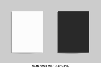 Paper sheet mockup. White and black mock up of paper sheets. Blank brochure with shadow isolated on gray background. A4 leaflet template. Flyer for presentation or magazine. Vector.