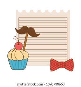 paper sheet with moustache bow tie and muffin