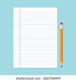 Hoja de papel del bloc de notas y el lápiz sobre fondo azul